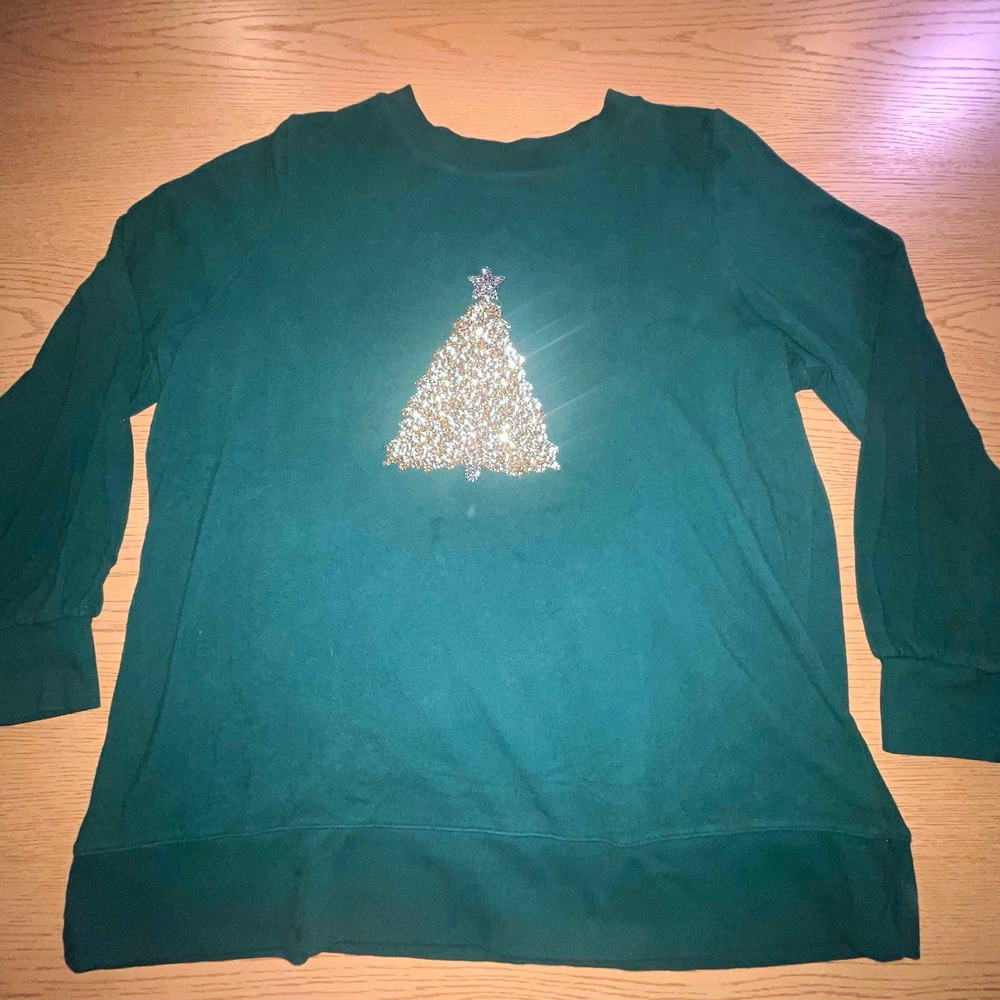 Womens Green Sequin Christmas Tree Knit Pullover Sweater Crew Neck Size L